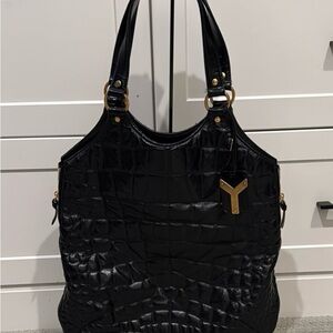 Yves Saint Laurent Black Crocodile-Embossed Patent Tote Bag